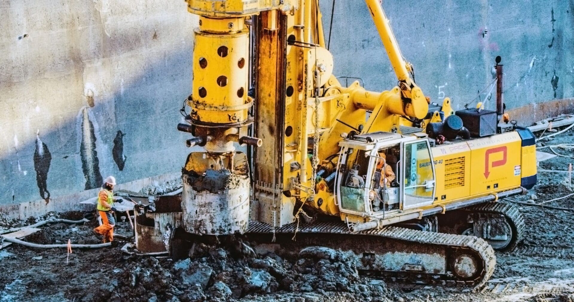 A driller operates a Bauer BG40 drill rig installing drilled shafts at the Washington Park Reservoir in Portland, OR.