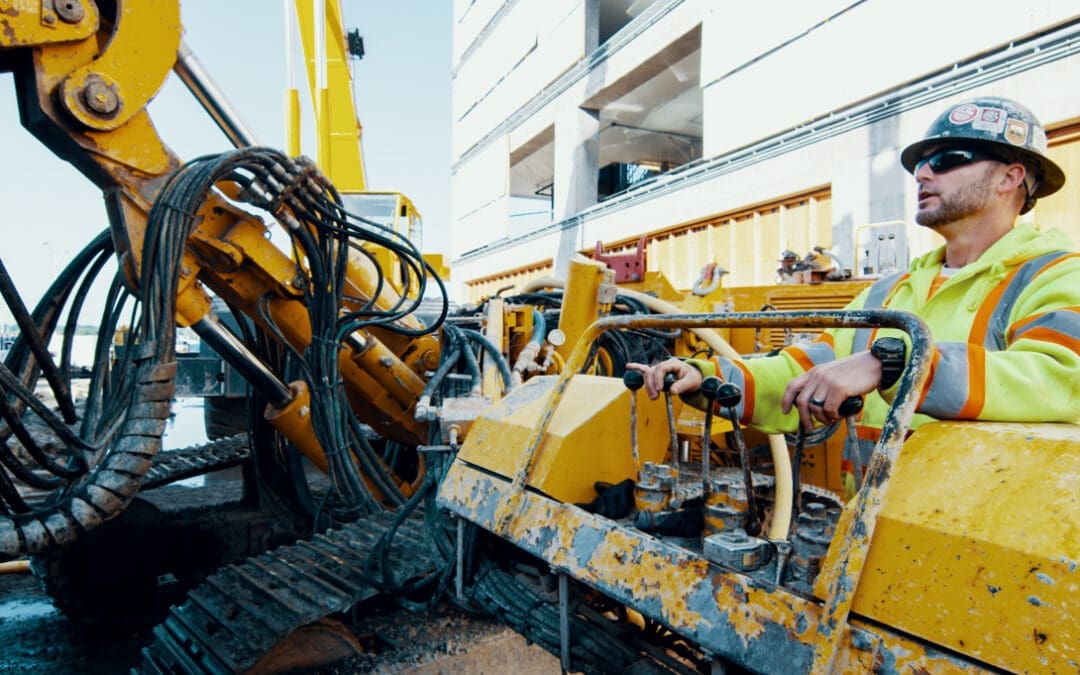 A Pacific Foundation driller operates a Klemm drill rig installing Micropiles at Portand International AIrport