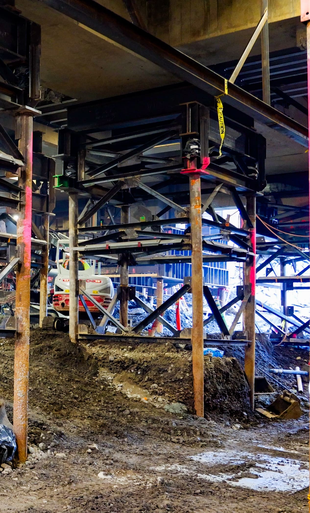 Steel towers and micropiles support a building undergoing seismic upgrades
